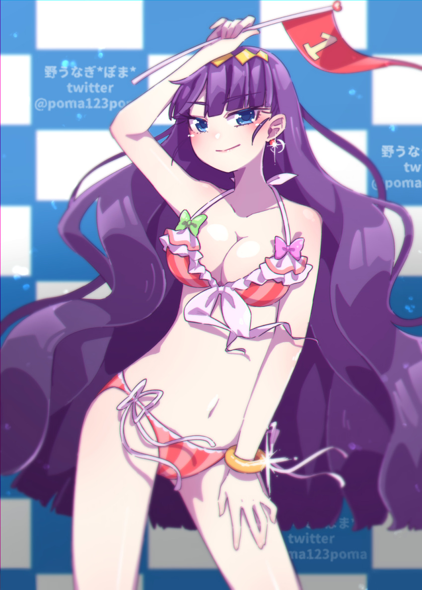 1girl alternate_breast_size arm_up artist_name bikini blue_eyes bracelet breasts checkered_background cleavage commentary_request delicious_party_precure earrings flag front-tie_bikini_top front-tie_top hair_ornament halterneck hand_on_own_thigh highres holding holding_flag jewelry kasai_amane long_hair medium_breasts navel poma123poma precure purple_hair red_bikini side-tie_bikini_bottom sparkle striped striped_bikini swimsuit twitter_username vertical-striped_bikini vertical_stripes very_long_hair