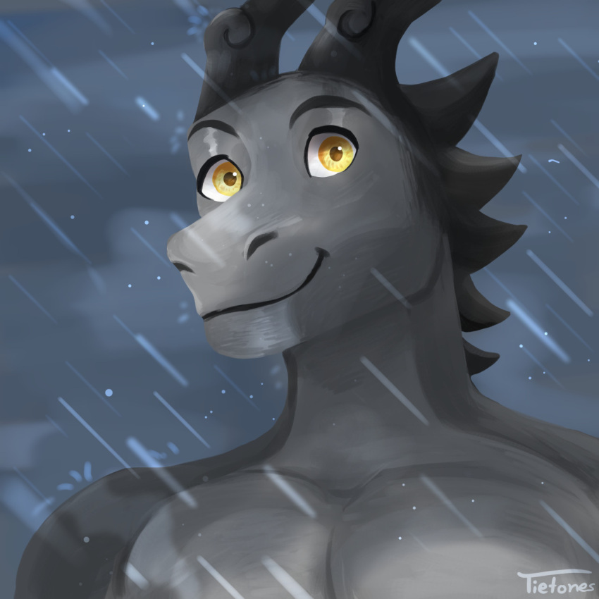 1:1 anthro clothed clothing cloud dav0 dragon eyebrows grey_body hi_res horn male pecs raining scalie signature smile solly solo tietones topless yellow_eyes