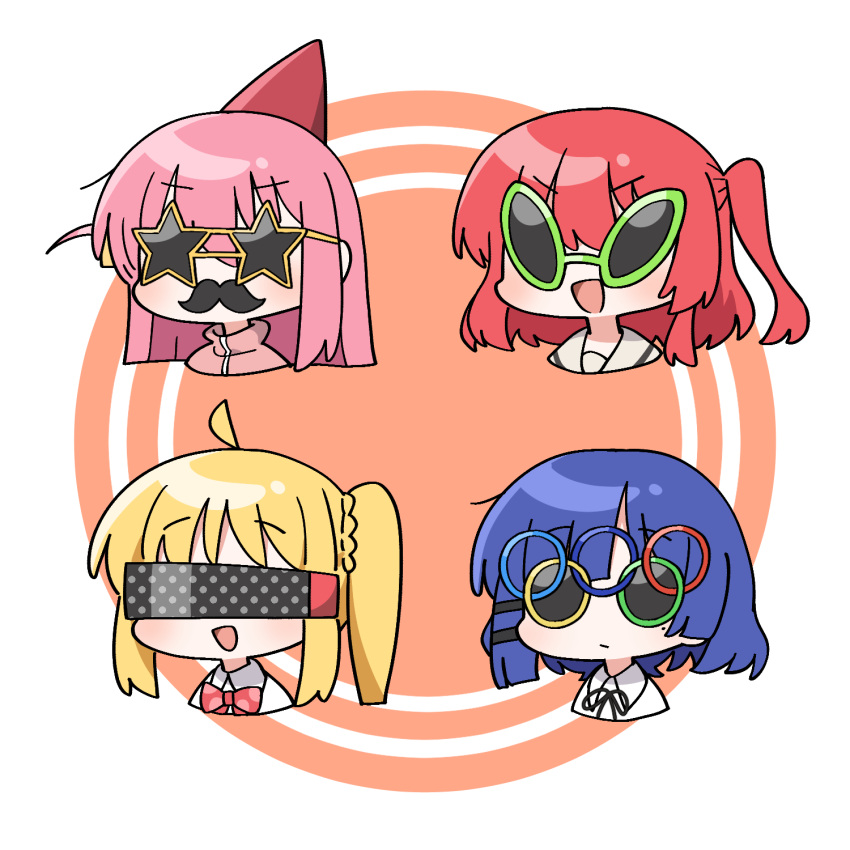 4girls ahoge blonde_hair blue_hair bocchi_the_rock! bow bowtie chibi commentary cropped_shoulders facing_viewer fake_facial_hair fake_mustache funny_glasses glasses gotoh_hitori green-framed_eyewear hair_ornament hairclip highres ijichi_nijika junsuina_fujunbutsu kita_ikuyo multiple_girls novelty_glasses olympic_rings pink_hair rectangular_eyewear red_bow red_bowtie red_hair star-shaped_eyewear sunglasses symbol-only_commentary yamada_ryo yellow-framed_eyewear