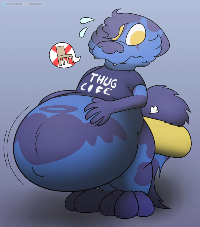 ambiguous_gender anthro belly big_belly blue_body bottomless clothed clothing domestic_cat fangs felid feline felis foxball fur hanging_belly hi_res hyper hyper_belly inflation looking_back mammal navel simple_background solo speech_bubble standing teeth topwear