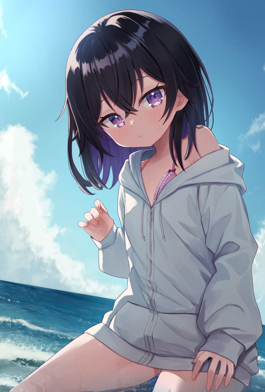 1girl absurdres bikini bikini_under_clothes black_hair blue_sky blush closed_mouth cloud commentary_request commission cowboy_shot day drawstring frilled_bikini frills hair_between_eyes heart heart_in_eye highres hood hoodie long_hoodie looking_at_viewer medium_hair no_pants ocean original outdoors pink_bikini purple_eyes second-party_source sese_nagi single_bare_shoulder single_off_shoulder skeb_commission sky sleeves_past_wrists solo sweatdrop swimsuit symbol_in_eye variant_set wet white_hoodie