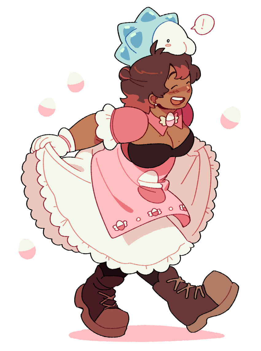 ! 1girl absurdres apron blush boots breasts brown_footwear brown_hair cleavage closed_eyes commentary commission dark-skinned_female dark_skin dress egg english_commentary frilled_dress frills full_body gloves highres large_breasts long_hair magicact mole mole_on_breast on_head open_mouth original pink_apron pink_dress pokemon pokemon_(creature) pokemon_on_head short_sleeves simple_background skirt_hold smile snom spoken_exclamation_mark standing white_background white_gloves