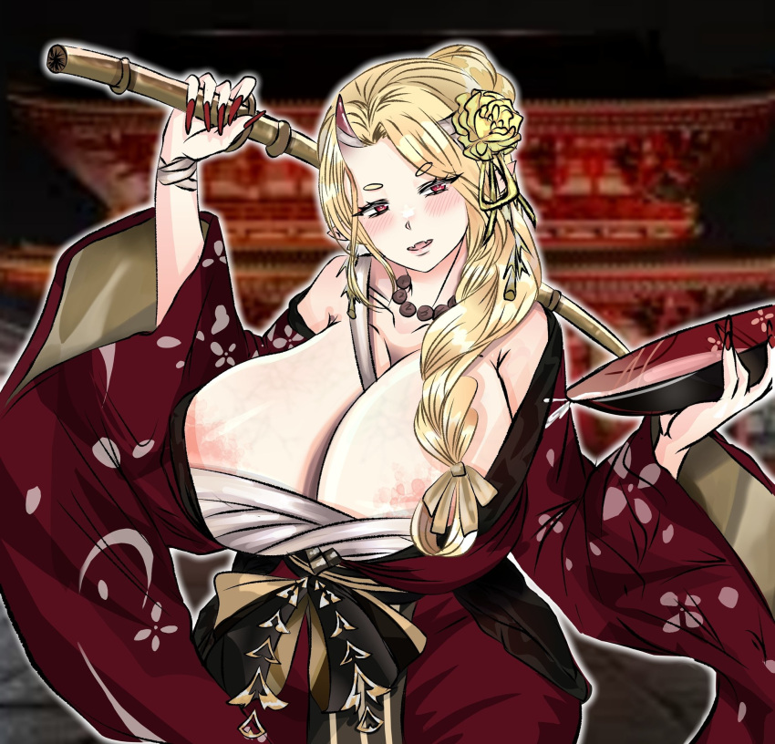 ass bandages blonde_hair breasts cup highres horns huge_ass idsk_you japanese_clothes kimono large_areolae large_breasts mature_female oni oni_horns open_mouth original pink_hair red_eyes sakazuki shinai sword thick_thighs thighs weapon
