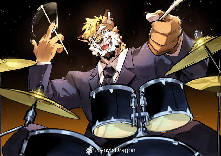 1boy :d alternate_costume animal_ears artist_request bara drumming drumsticks facial_hair furry furry_male goatee hands_up head_tilt highres holding holding_drumsticks jaguar_boy jaguar_ears looking_at_viewer male_focus mature_male motion_blur original romg romg_the_jaguar sanpaku short_hair smile solo suit thick_eyebrows upper_body