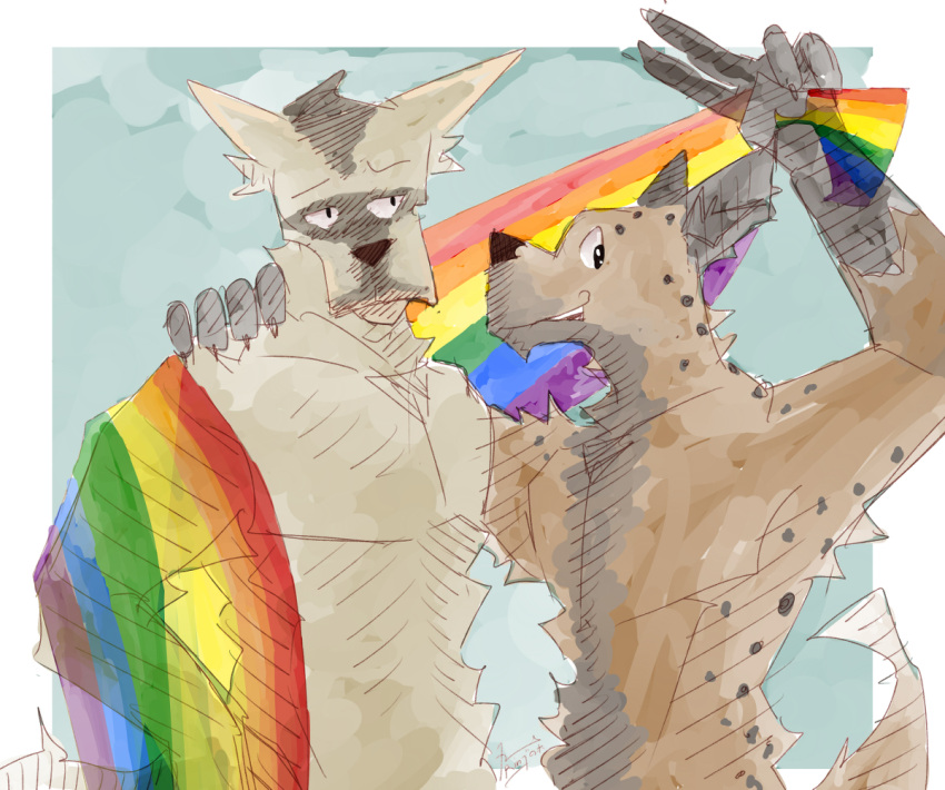 5_fingers 5_toes anthro anthro_on_anthro beastars blush blush_lines brown_body brown_fur canid canine canis claws clothed clothing coyote duo durham_(beastars) feet finger_claws fingers fur hyena interspecies intimate lgbt_pride male male/male mammal nude pride_colors rainbow_flag rainbow_pride_flag rainbow_symbol rin_i9 romantic romantic_ambiance spots spotted_hyena toes topless topless_anthro topless_male