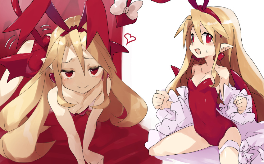 1girl absurdres all_fours ass bare_shoulders blonde_hair breasts cleavage covered_navel demon_girl demon_tail demon_wings disgaea earrings fang flonne flonne_(fallen_angel) heart heart_earrings highres jank365m jewelry leg_ribbon leotard long_hair looking_at_viewer makai_senki_disgaea multiple_views naughty_face off_shoulder open_clothes open_mouth open_shirt pointy_ears red_eyes red_leotard ribbon shirt sitting small_breasts smile spread_legs strapless strapless_leotard tail thigh_ribbon thighs very_long_hair white_shirt wings