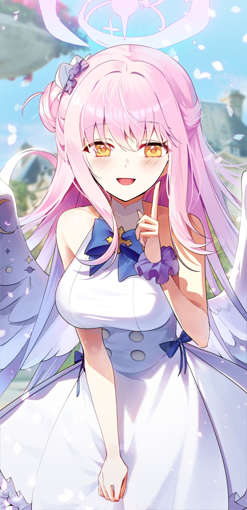 1girl absurdres angel_wings blue_archive blurry blurry_background blush breasts day dress feathered_wings flower hair_bun hair_flower hair_ornament hi_i_dubu highres large_breasts long_hair looking_at_viewer mika_(blue_archive) open_mouth outdoors pink_hair purple_flower single_side_bun sleeveless sleeveless_dress smile solo white_dress white_wings wing_decorations wings yellow_eyes