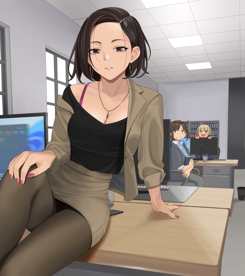 3girls absurdres ahoge black_hair blonde_hair blue_eyes breasts brown_eyes brown_hair computer desk douki-chan_(douki-chan) earrings feet_out_of_frame folder ganbare_douki-chan highres holding holding_folder hoop_earrings indoors jewelry looking_at_another looking_at_viewer medium_hair miniskirt multiple_girls necklace office office_lady on_desk pantyhose pink_nails quatthro senpai-san_(douki-chan) shinjin-chan_(douki-chan) short_hair sitting sitting_on_desk skirt thighs window