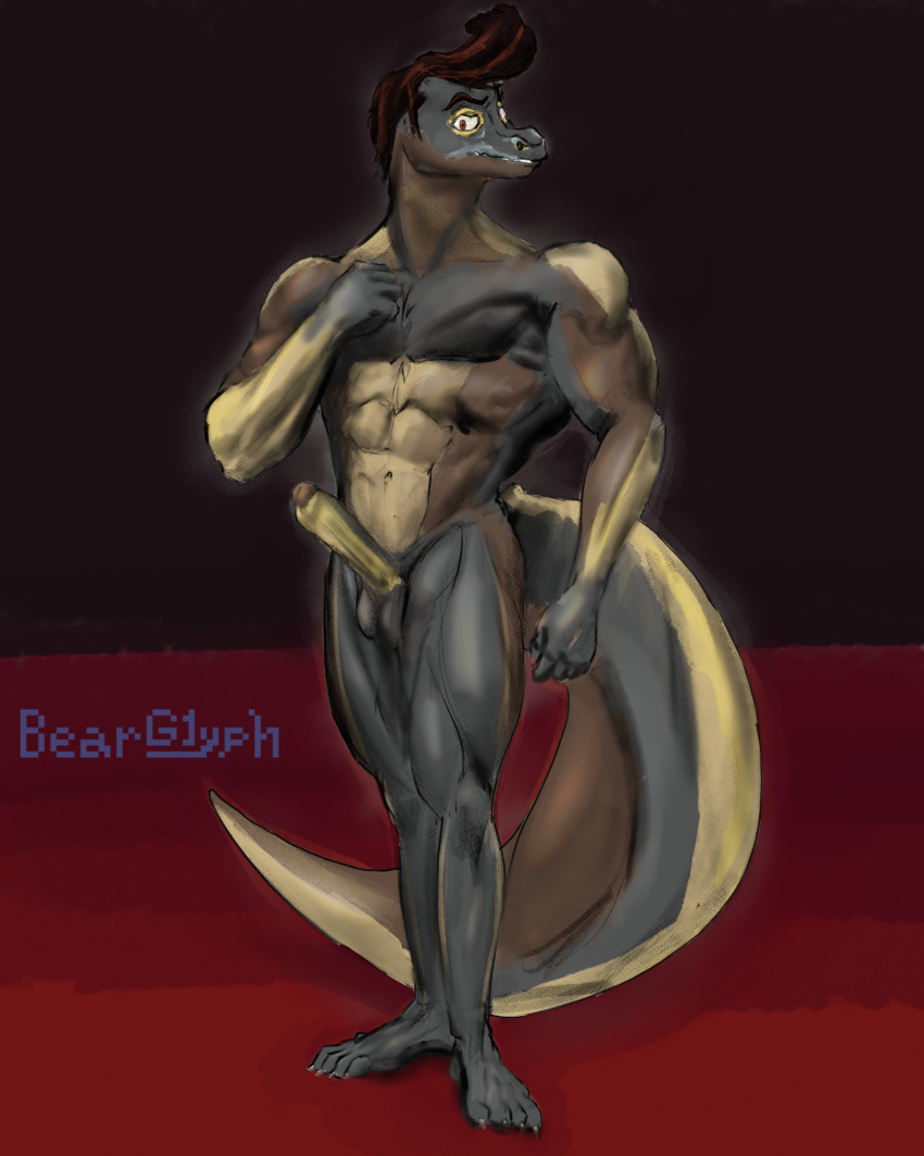 absurd_res anthro bale_"tips"_coltik bearglyph big_tail brown_eyes claws crosslink erection genitals grey_body hi_res komodo_dragon lizard male monitor_lizard muscular muscular_thighs penis pompadour pose reptile scalie solo tail toe_claws