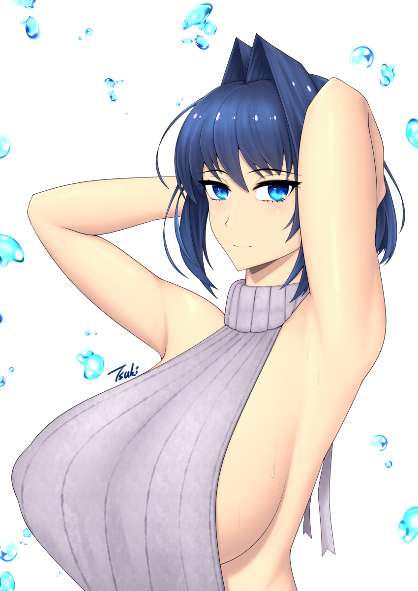 1girl armpits arms_behind_head arms_up blue_eyes blue_hair breasts eyelashes highres hololive hololive_english huge_breasts light_smile looking_at_viewer ouro_kronii ryu_seung sideboob sidelocks signature simple_background sleeveless sleeveless_turtleneck smile sweat sweater turtleneck turtleneck_sweater upper_body virtual_youtuber water_drop white_background