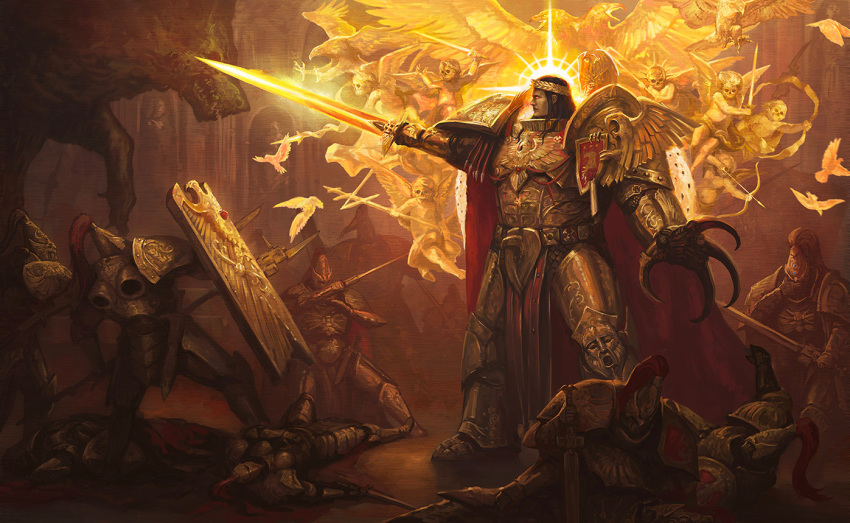 6+boys adeptus_custodes armor armored_boots arrow_(projectile) bird bolter boots bow_(weapon) breastplate cape chaos_(warhammer) clawed_gauntlets closed_mouth commentary corpse corruption cupid dove dying eagle emperor_of_mankind english_commentary faulds flaming_sword flaming_weapon flying full_armor fur_trim gauntlets gem gloves gold_armor greaves halo headpiece helmet holding holding_shield holding_sword holding_weapon imperium_of_man kheljay laurel_crown laurels long_hair looking_to_the_side multiple_boys ornate ornate_armor pauldrons plume polearm power_armor red_cape red_gemstone shield shoulder_armor skull statue sword talons vambraces warhammer_40k weapon wolf