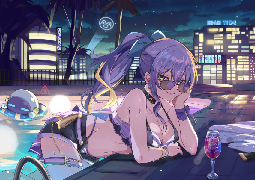 1girl bikini black_shorts blue_nails breasts choker city cleavage clothes_removed cup drinking_glass earrings highres hololive hololive_indonesia hololive_summer_2023_swimsuit jewelry large_breasts long_hair ludwigtk moona_hoshinova navel night ponytail pool poolside purple_eyes purple_hair shorts single_earring smile striped striped_bikini sunglasses swimsuit virtual_youtuber