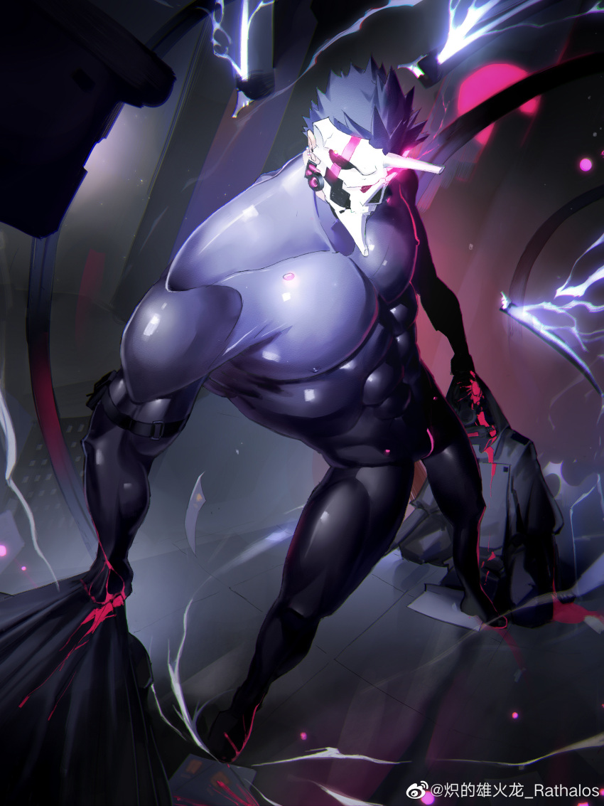 1boy abs absurdres bara battle colored_skin from_above full_body glowing glowing_eye highres horned_mask large_pectorals male_focus mask muscular muscular_male nipples original pectorals purple_skin rathalosx4 shirt_grab short_hair skull_mask solo spiked_hair spotlight standing stomach thighs topless_male