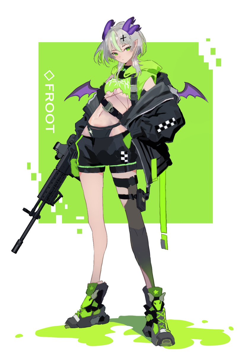 1girl black_jacket black_panties black_shorts black_thighhighs breasts bsapricot_(vtuber) character_name cropped_hoodie demon_girl demon_horns demon_wings gloves green_eyes green_footwear green_gloves green_hair green_hoodie gun hair_ornament hand_in_pocket highres holding holding_gun holding_weapon hood hoodie horns jacket long_hair looking_at_viewer medium_breasts medium_hair mochimochi_589 multicolored_hair navel panties pointy_ears rifle shoes short_shorts shorts single_thighhigh streaked_hair thighhighs underwear very_long_hair vshojo weapon wings x_hair_ornament