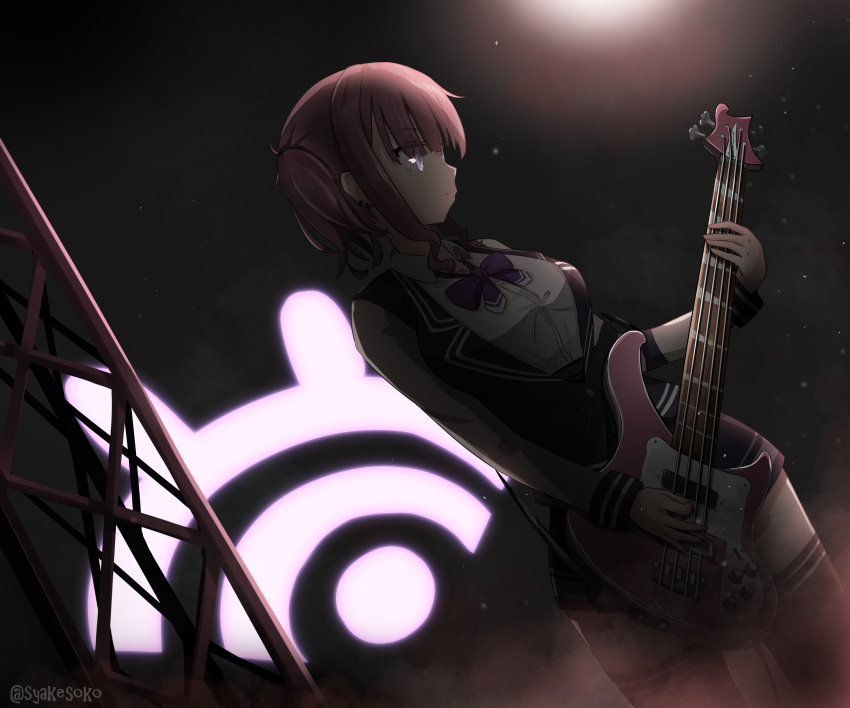 1girl absurdres bass_guitar black_jacket black_skirt black_thighhighs blazer blunt_bangs bow bowtie breasts carrying_over_shoulder cevio commentary cowboy_shot dutch_angle fog glowing highres instrument jacket light_particles light_smile logo looking_to_the_side medium_breasts miniskirt music natsuki_karin playing_instrument pleated_skirt purple_bow purple_bowtie purple_eyes red_hair school_uniform shirt short_hair short_twintails shoulder_strap sidelocks skindentation skirt solo spotlight standing syakesoko synthesizer_v thighhighs truss twintails twitter_username white_shirt zettai_ryouiki