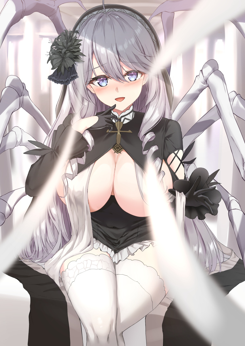 1girl absurdres ahoge algerie_(azur_lane) algerie_(meta)_(azur_lane) azur_lane black_dress black_flower black_gloves black_veil blue_eyes blush breast_curtains breasts clothes_lift convenient_censoring covered_navel dress dress_lift drill_hair drill_sidelocks flower frilled_dress frills gloves grey_hair hair_between_eyes hair_flower hair_ornament highres large_breasts long_hair looking_at_viewer open_mouth sidelocks sitting skeletal_wings smile solo thighhighs twin_drills veil white_thighhighs wings yanazawa_ko