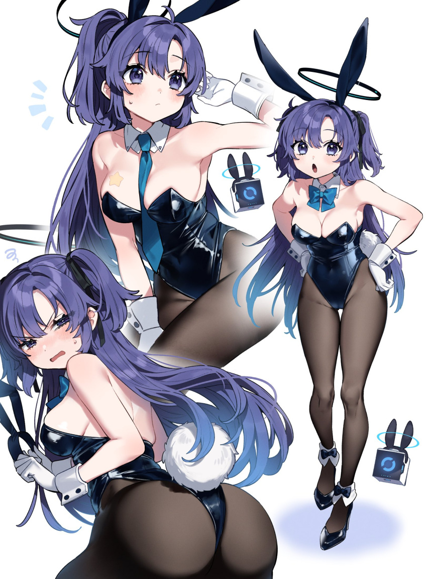 1girl alternate_costume animal_ears ass black_footwear black_leotard blue_archive blue_bow blue_bowtie blue_eyes blue_hair blush bow bowtie closed_mouth commentary_request detached_collar fake_animal_ears fake_tail full_body gloves halo high_heels highres leotard long_hair looking_at_viewer multiple_views open_mouth pantyhose playboy_bunny rabbit_ears rabbit_tail sakura_yuki_(clochette) simple_background tail thighs two_side_up white_background white_gloves yuuka_(blue_archive)