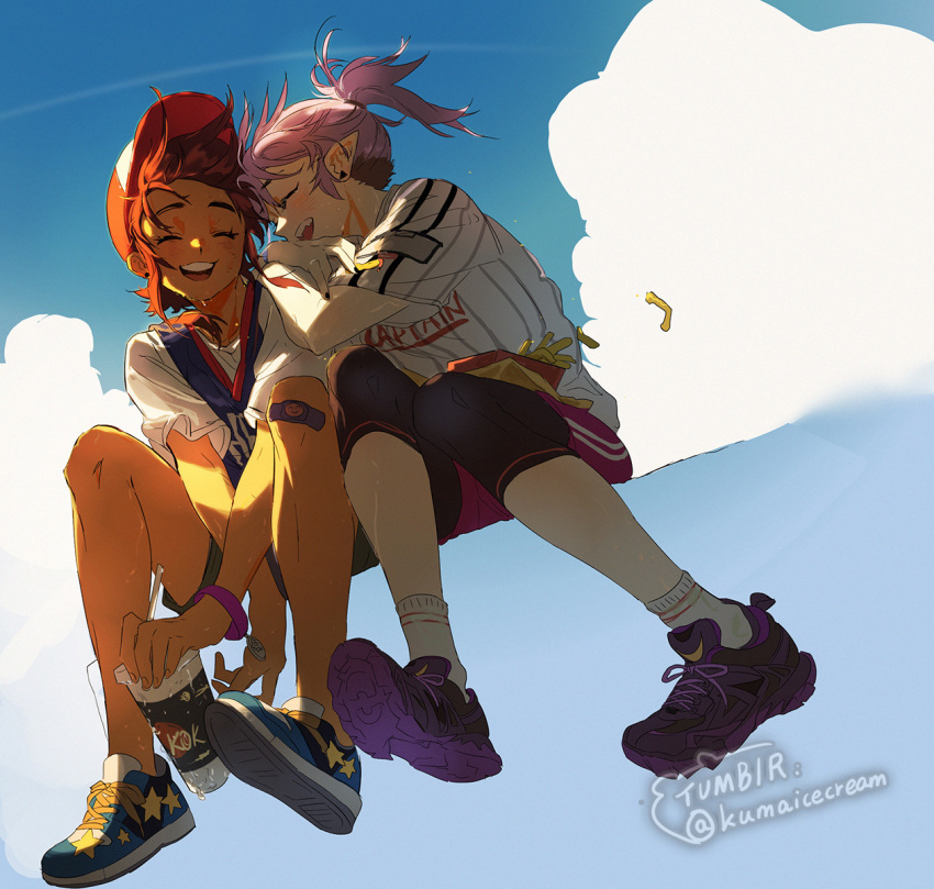 2girls amity_blight bandaid bandaid_on_knee bandaid_on_leg baseball_jersey basketball_jersey brown_hair couple dark-skinned_female dark_skin food french_fries highres kuma20151225 laughing leaning_on_person luz_noceda multicolored_hair multiple_girls purple_hair shoes sitting smile sneakers teeth the_owl_house two-tone_hair upper_teeth_only yuri