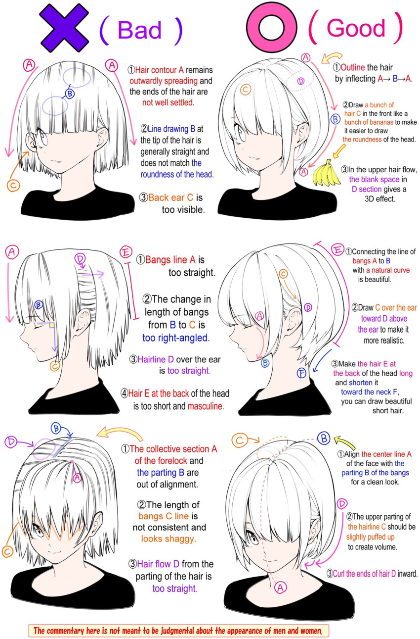 1girl commentary english_commentary english_text guide hair_over_one_eye highres how_to multiple_views original short_hair simple_background upper_body white_background white_hair yoshimura_takuya