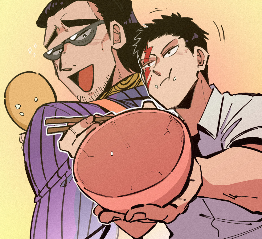 2boys :t black_hair bowl buraiden_gai character_request chopsticks closed_mouth collared_shirt commentary_request eating facial_hair food food_on_face goatee highres holding holding_bowl holding_chopsticks inudori jacket kudou_gai male_focus multiple_boys open_mouth purple_jacket rice rice_bowl rice_on_face scar scar_across_eye shamoji shirt short_bangs short_hair short_sleeves smile sunglasses upper_body very_short_hair white_shirt