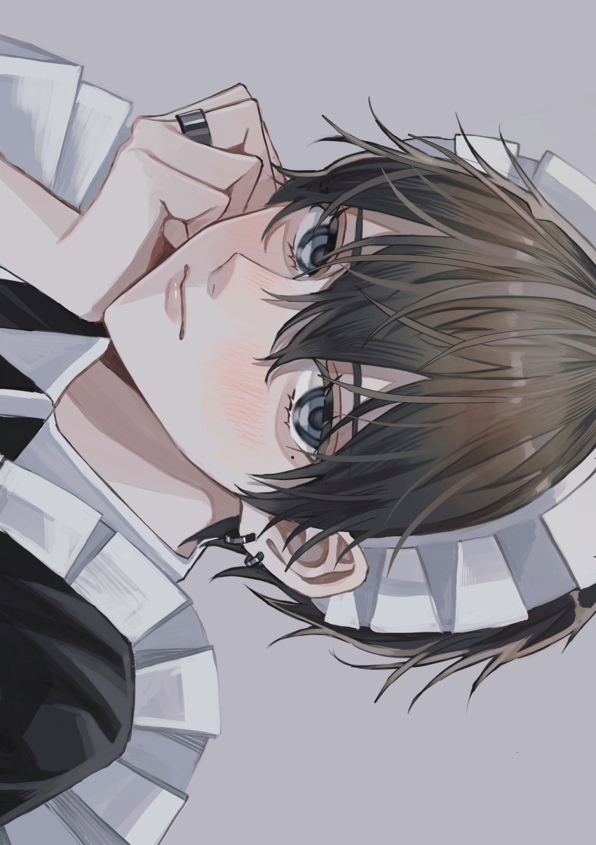 1boy blue_eyes blush brown_hair clenched_hand closed_mouth commentary_request earrings grey_background hand_on_own_cheek hand_on_own_face highres jewelry looking_at_viewer maid maid_headdress male_focus mole mole_under_eye original portrait ring short_hair simple_background solo sosaku_25