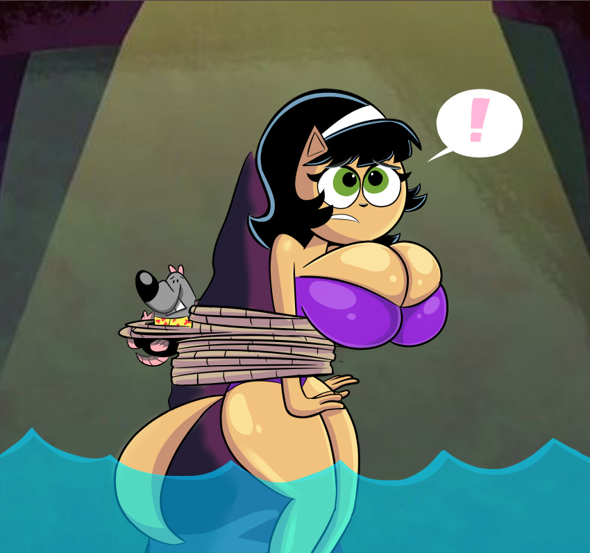 absurd_res anthro arms_tied big_breasts big_butt bikini black_hair bound breasts bulging_breasts butt clothing felid feline female green_eyes hair hi_res huge_breasts kitty_katswell mammal nickelodeon olerr purple_clothing solo swimwear t.u.f.f._puppy tagme thick_thighs tight_clothing