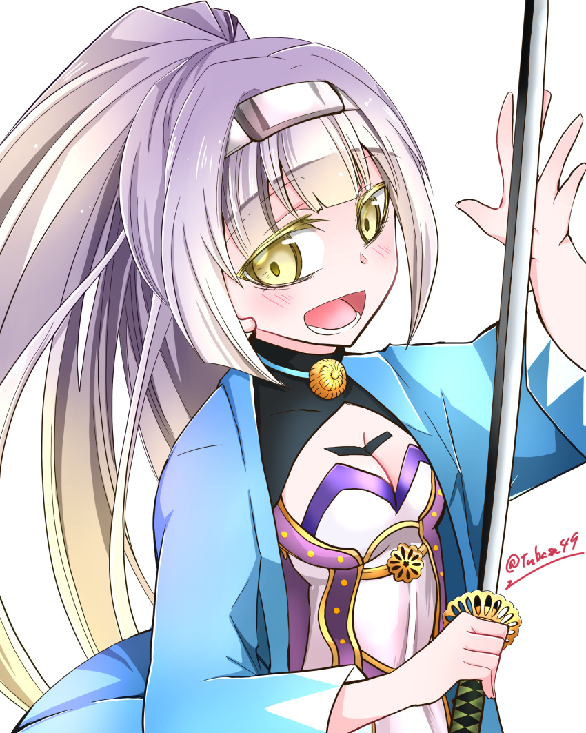 1girl absurdres artist_name breasts chest_tattoo choker chrysanthemum_print cleavage cleavage_cutout clothing_cutout floral_print forehead_protector gradient_hair hair_intakes haori highres holding holding_sword holding_weapon japanese_clothes katana kiku_ichimonji_norimune light_purple_hair lower_teeth_only multicolored_hair official_alternate_costume open_mouth out_of_frame ponytail shinsengumi sidelocks smile solo sword tattoo teeth tenka_hyakken tubasa49 upper_body weapon yellow_eyes