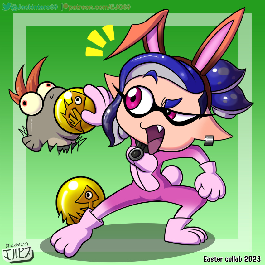 absurd_res animal_humanoid blue_hair bunny_costume cephalopod cephalopod_humanoid choker clothed clothing costume digital_media_(artwork) duo ear_piercing easter egg fangs female fish grey_body hair hi_res holidays humanoid inkling inkling_girl jackintaro jewelry little_buddy_(splatoon) marine marine_humanoid mollusk mollusk_humanoid necklace nintendo not_furry open_mouth piercing pink_eyes pseudo_hair red_eyes salmonid_(splatoon) simple_background smallfry_(splatoon) splatoon teeth tentacle_hair tentacles yellow_sclera