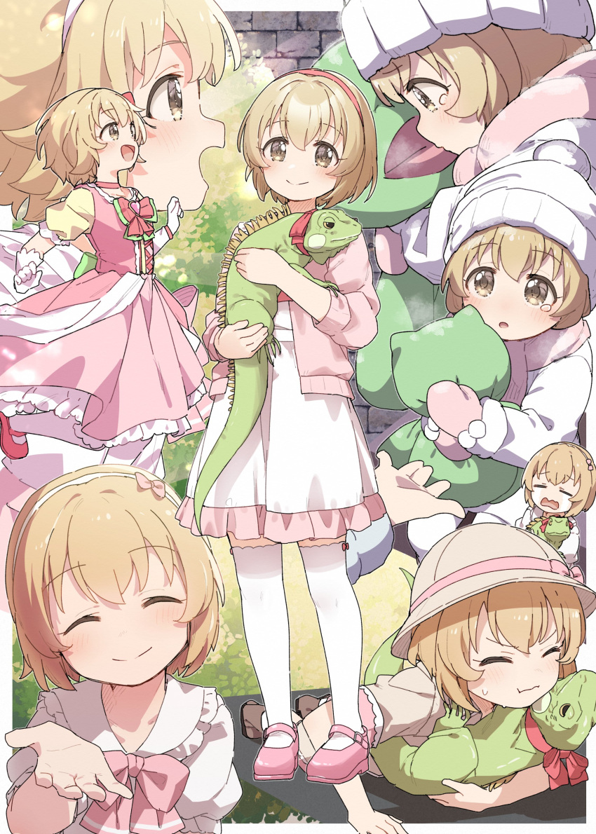 1girl ^_^ absurdres animal_hug beanie blonde_hair blush bucket_hat closed_eyes collage crying dress hat highres hyou-kun idolmaster idolmaster_cinderella_girls idolmaster_cinderella_girls_u149 iguana jacket koga_koharu looking_at_viewer multiple_persona pink_car pink_dress pink_footwear short_hair smile sweatdrop teardrop tears thighhighs white_dress white_headwear white_jacket white_thighhighs yukie_(kusaka_shi)