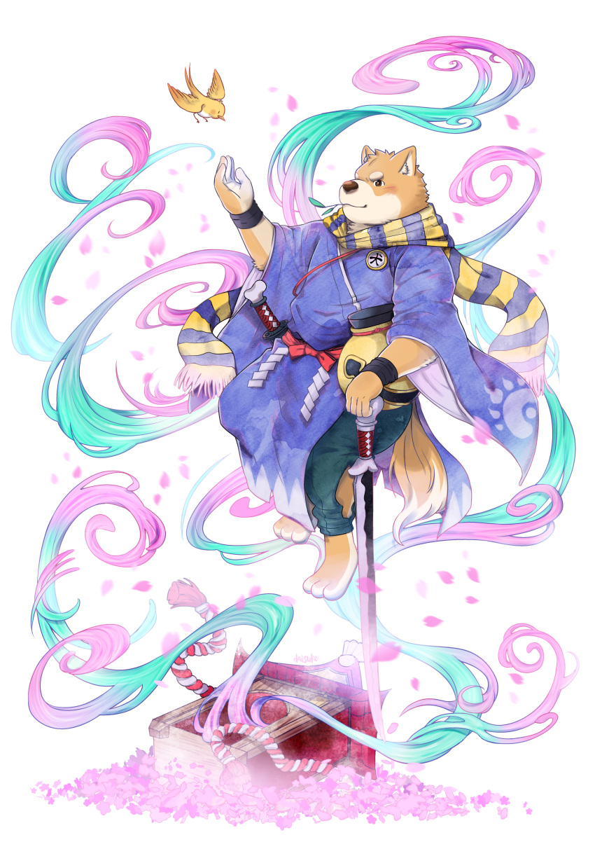 1boy absurdres bara blush daisukebear dog_boy floating full_body furry furry_male highres holding holding_sword holding_weapon inugami_(onmyoji) japanese_clothes katana kimono looking_ahead magic male_focus midair onmyoji onmyouji planted planted_sword purple_kimono scarf shiba_inu smile solo sword thick_eyebrows v-shaped_eyebrows weapon yellow_bird yellow_scarf