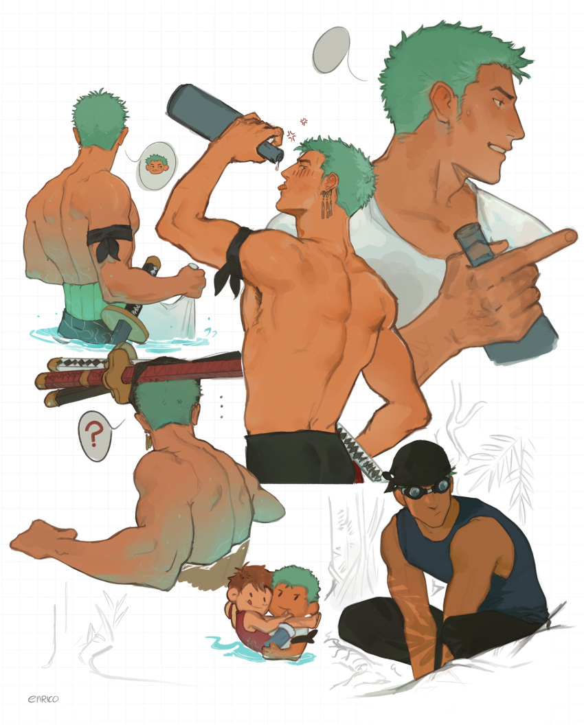 1boy ? absurdres anger_vein artist_name back bara bottle character_request chibi chibi_inset closed_mouth earrings enri_(ceinordraws) goggles green_hair highres holding holding_bottle jewelry light_smile looking_at_viewer looking_to_the_side male_focus multiple_views muscular muscular_male one_piece roronoa_zoro short_hair signature spoken_character spoken_question_mark tank_top teeth tongue tongue_out topless_male white_background