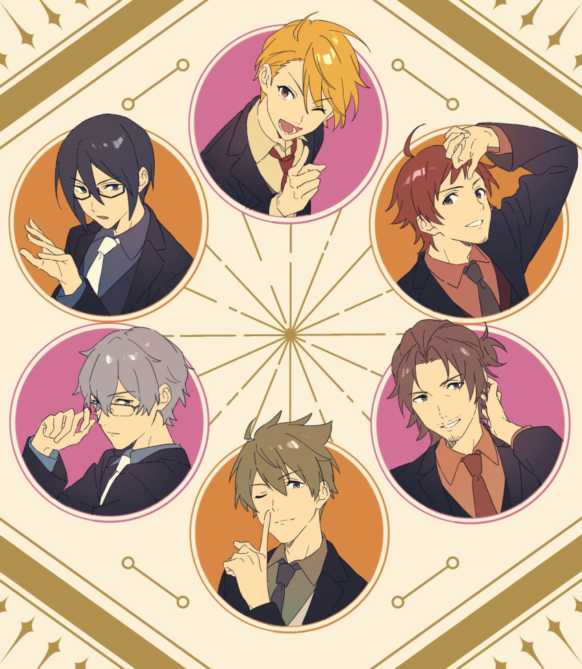 6+boys ahoge black_hair black_necktie blonde_hair brown_hair chestnut_sigure dramatic_stars_(idolmaster) facial_hair glasses goatee grey_hair hair_between_eyes hazama_michio highres idolmaster idolmaster_side-m index_finger_raised kashiwagi_tsubasa long_sleeves maita_rui male_focus multiple_boys necktie one_eye_closed red_necktie s.e.m_(idolmaster) sakuraba_kaoru smile tendo_teru white_necktie yamashita_jiro