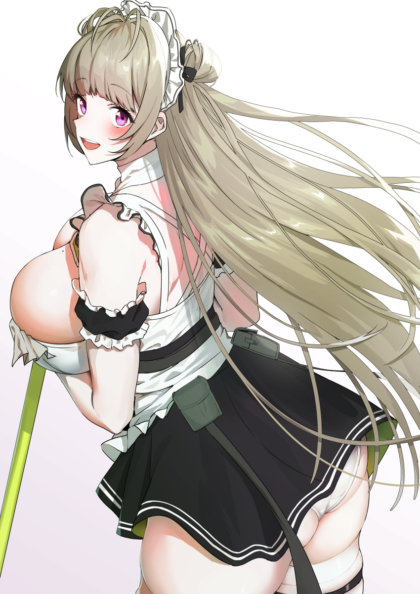 1girl absurdres amano_don arm_strap ass black_skirt breasts commentary_request goddess_of_victory:_nikke grey_hair hair_bun highres large_breasts long_hair looking_at_viewer maid maid_headdress mole mole_on_breast open_mouth panties pouch purple_eyes simple_background single_hair_bun skirt sleeveless smile soda_(nikke) solo thighs underwear white_background white_headwear white_panties