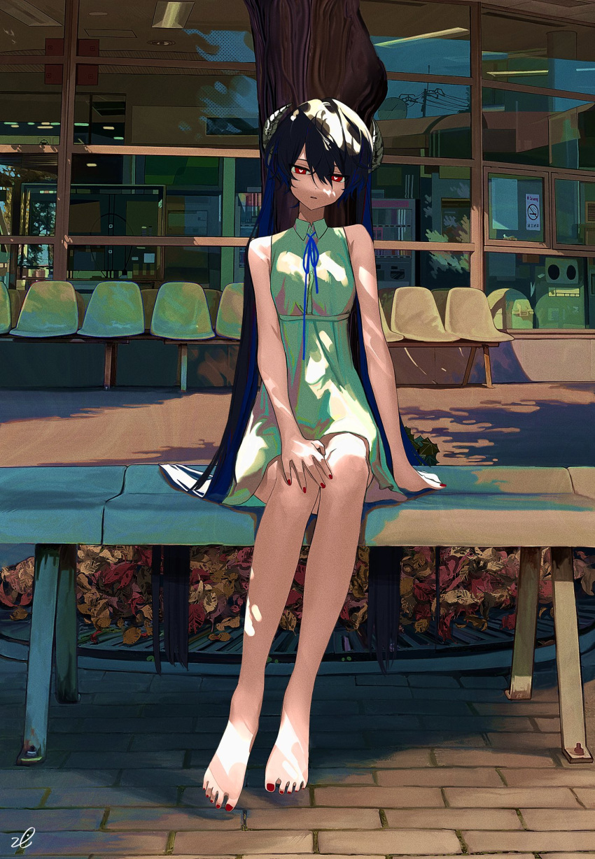 1girl arm_support autumn_leaves barefoot black_hair blue_hair blue_ribbon brick_floor collared_dress commission crossed_bangs dappled_sunlight day dress expressionless feet fingernails green_dress hair_between_eyes hand_on_own_knee heart heart-shaped_pupils highres horns legs long_hair looking_at_viewer multicolored_hair nail_polish neck_ribbon original outdoors parted_lips red_eyes red_nails ribbon signature sitting sleeveless sleeveless_dress solo sunlight symbol-shaped_pupils toenail_polish toenails tree two-tone_hair very_long_hair xoxzxox