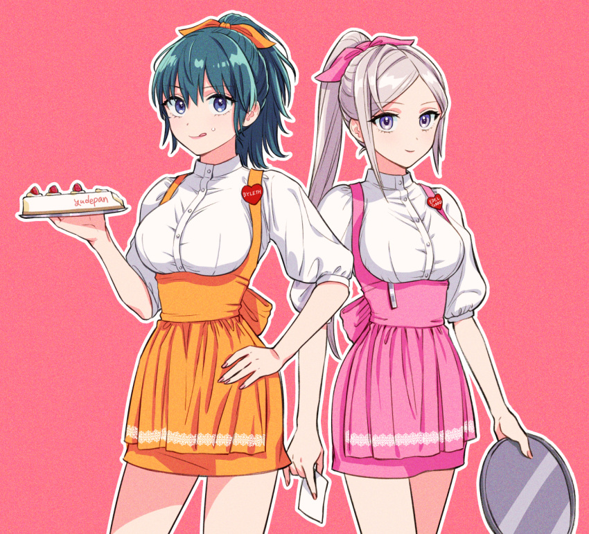 2girls :q alternate_hairstyle anna_miller aqua_hair blue_eyes bow breasts byleth_(female)_(fire_emblem) byleth_(fire_emblem) edelgard_von_hresvelg fire_emblem fire_emblem:_three_houses food fruit grey_hair hair_bow hand_on_own_hip highres holding holding_paper holding_tray light_smile long_hair multiple_girls name_tag orange_bow orange_skirt paper pie pink_bow pink_skirt ponytail purple_eyes red_background shirt skirt smile strawberry tongue tongue_out tray underbust waitress white_shirt yudepan_(yuri_no_sugata)