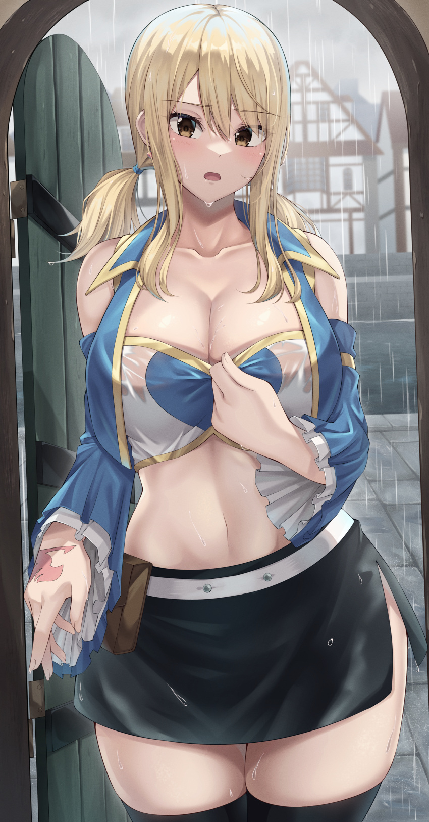 1girl absurdres amagi_korona bare_shoulders belt black_skirt black_thighhighs blonde_hair breasts brown_eyes cleavage clothes_pull collarbone commentary_request cowboy_shot crop_top detached_sleeves door fairy_tail hair_between_eyes hand_up head_tilt highres large_breasts long_hair long_sleeves looking_at_viewer low_twintails lucy_heartfilia midriff navel open_clothes open_mouth pouch rain shirt shirt_pull side_slit sidelocks skirt solo standing stomach thighhighs twintails vest wet wet_clothes wet_hair white_belt white_shirt