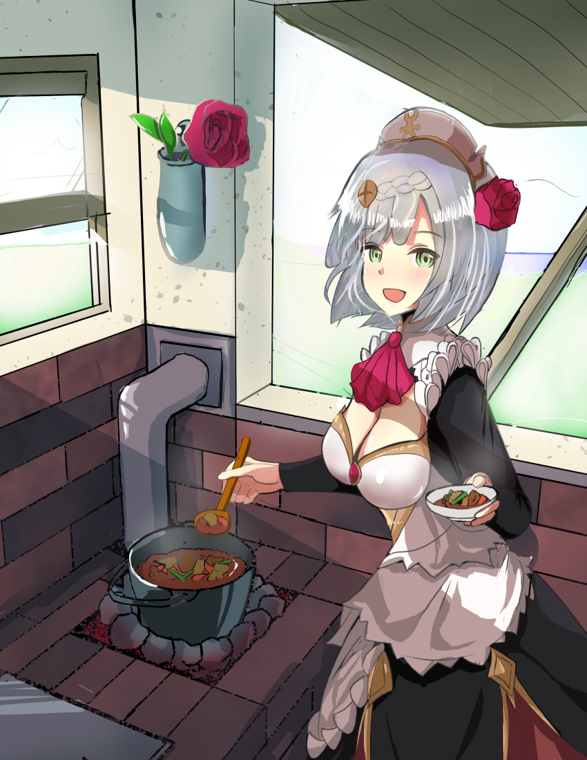 1girl :d absurdres apron ascot bowl breasts brick_wall cleavage cooking cooking_pot flower food fox_head_(markcayce) genshin_impact green_eyes grey_hair hair_flower hair_ornament highres holding holding_bowl holding_ladle ladle looking_at_viewer maid maid_apron maid_headdress noelle_(genshin_impact) open_mouth red_ascot red_flower red_rose rose short_hair smile solo stew window