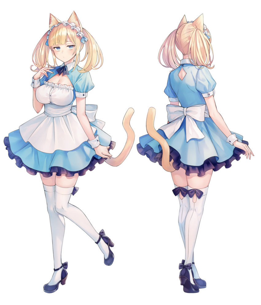 1girl animal_ears back_bow blonde_hair blue_dress blush bow breasts cat_ears cleavage dress e_(eokiba) facing_away frilled_dress frills from_behind full_body high_heels highres large_breasts looking_at_viewer maid maid_headdress multiple_views original puffy_short_sleeves puffy_sleeves short_dress short_sleeves thigh_bow thighhighs twintails white_bow white_thighhighs zettai_ryouiki