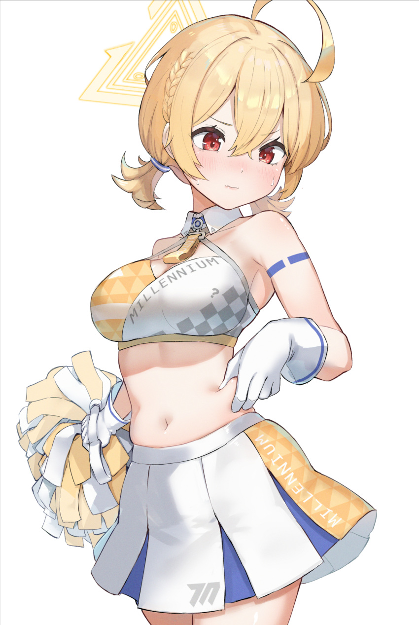 1girl ahoge bare_arms bare_shoulders blonde_hair blue_archive blush braid breasts cheerleader closed_mouth cowboy_shot crop_top halo highres holding holding_pom_poms isegawa_yasutaka kotori_(blue_archive) kotori_(cheer_squad)_(blue_archive) large_breasts midriff millennium_cheerleader_outfit_(blue_archive) miniskirt muffin_top navel official_alternate_costume pinching pom_pom_(cheerleading) red_eyes revision short_hair simple_background skirt sleeveless solo standing stomach twintails weight_conscious white_skirt