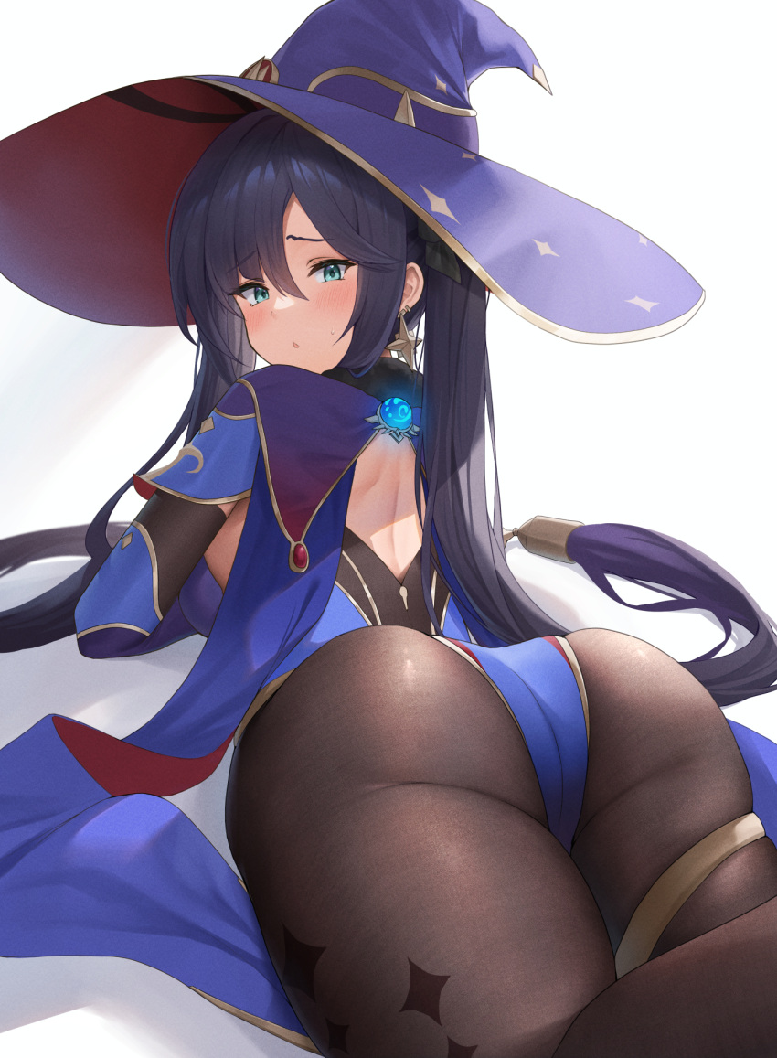1girl :o aqua_eyes ass black_hair black_pantyhose blue_headwear blue_leotard blush earrings from_behind futon_fly_away genshin_impact hair_ornament hat highres jewelry large_hat leotard long_hair looking_at_viewer looking_back lying mona_(genshin_impact) on_stomach open_mouth pantyhose solo star_(symbol) star_earrings thighs twintails very_long_hair vision_(genshin_impact) witch_hat