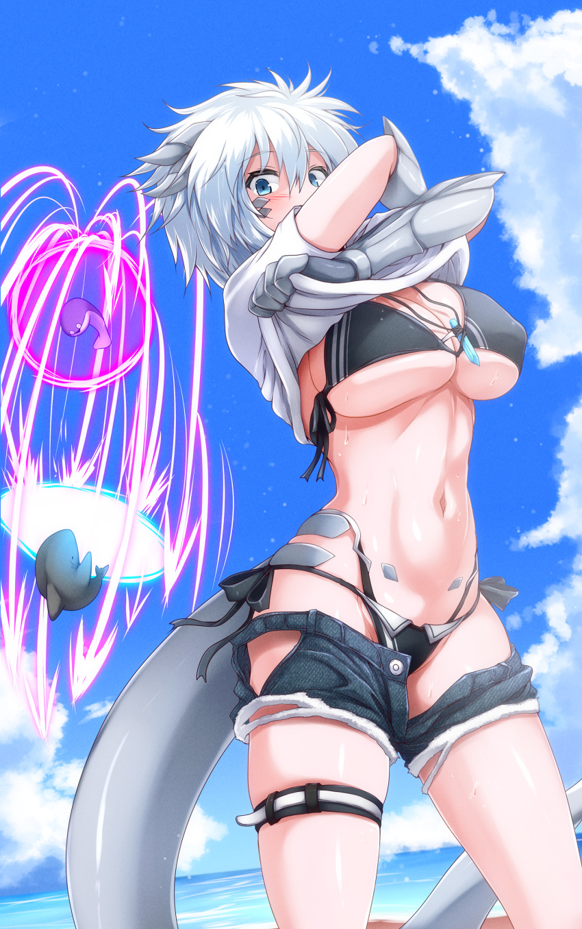 1girl absurdres arms_up battle beach bikini black_bikini blue_eyes blue_sky blush breasts cleavage cloud commentary_request covered_nipples cowboy_shot cutoffs day denim denim_shorts dragon_girl dragon_horns dragon_tail energy_barrier energy_beam energy_shield g_(genesis1556) hair_between_eyes highleg highleg_bikini highres horns jewelry large_breasts looking_at_viewer monster_girl multi-strapped_bikini_bottom navel necklace ocean open_clothes open_shorts original outdoors sacabambaspis scales shark shirt short_hair short_sleeves shorts side-tie_bikini_bottom sidelocks skindentation sky solo_focus standing stomach sweat swimsuit t-shirt tail thigh_strap tsubasa_ryuuji underboob undressing white_hair white_shirt