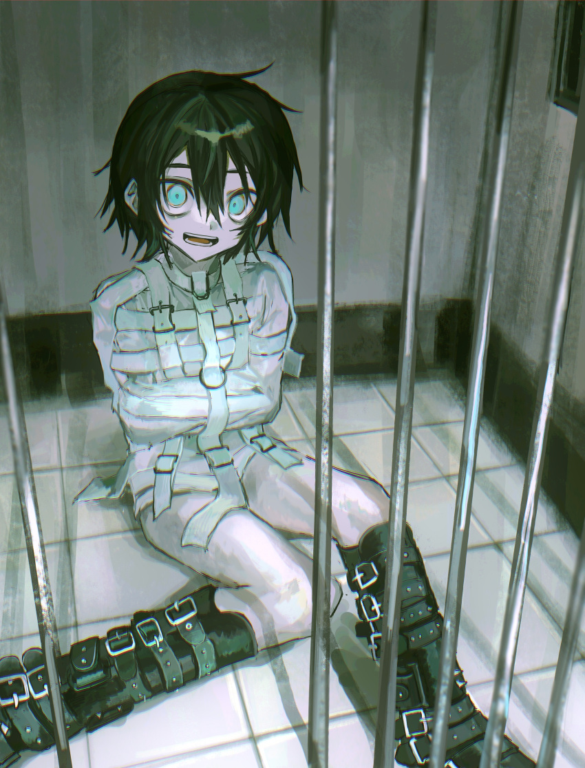 1other absurdres androgynous aqua_eyes bars belt_boots black_footwear black_hair boots commentary from_above hair_between_eyes highres in_cell indoors long_sleeves looking_at_viewer open_mouth oqo_808 original prison_cell shirt short_hair solo straitjacket white_shirt