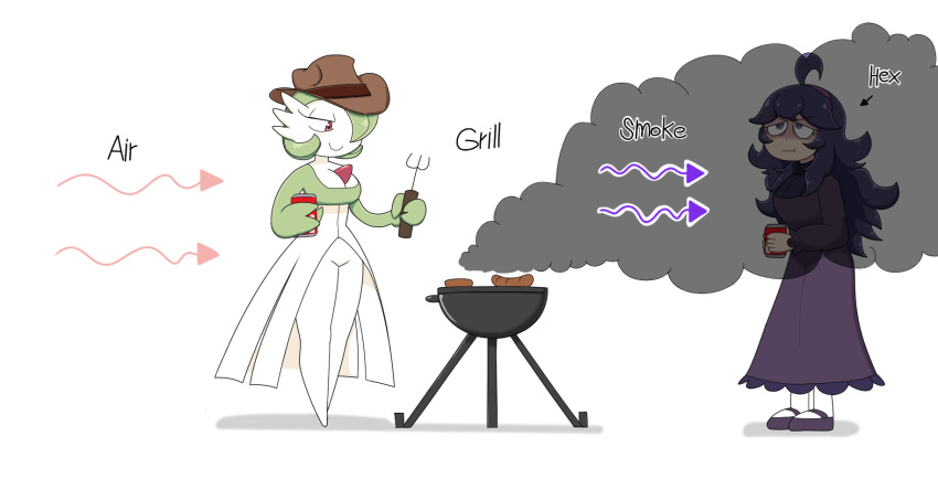 2girls :t @_@ ahoge annoyed arrow_(symbol) bags_under_eyes blush bob_cut breasts brown_headwear can character_name cleavage closed_mouth clothed_pokemon colored_skin cooking cowboy_hat dress drink english_text food fork full_body gardevoir green_hair green_skin grill grilling hair_over_one_eye hairband half-closed_eyes hands_up happy hat hex_maniac_(pokemon) highres holding holding_can holding_drink holding_fork legs legs_together light_blush long_dress long_sleeves looking_down meat medium_breasts multicolored_skin multiple_girls one_eye_covered pantyhose pokemon pokemon_(creature) pokemon_(game) pokemon_xy purple_dress purple_eyes purple_footwear purple_hairband putri_(somedude1727) red_eyes sausage shaded_face shoes short_hair sidelocks simple_background smile smoke standing two-tone_skin v-shaped_eyebrows white_background white_pantyhose white_skin