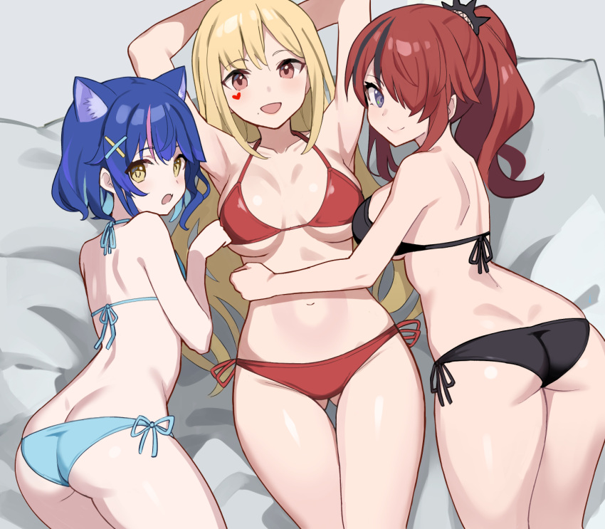 3girls amamiya_kokoro animal_ear_fluff animal_ears armpits arms_up ass ass_visible_through_thighs back bare_arms bare_shoulders bed_sheet bikini black_bikini black_hair blonde_hair blue_bikini blue_hair breasts butt_crack cat_ears closed_mouth commentary_request fang feet_out_of_frame glastonbury1966 hair_ornament hair_over_one_eye halterneck heart heart_sticker highres lain_paterson large_breasts long_hair looking_at_viewer luis_cammy mole mole_under_mouth multicolored_hair multiple_girls navel nijisanji on_bed open_mouth pink_hair ponytail purple_eyes red_bikini red_eyes red_hair side-tie_bikini_bottom skin_fang skindentation small_breasts smile sticker_on_face stomach streaked_hair swimsuit thigh_gap thighs virtual_youtuber x_hair_ornament yellow_eyes