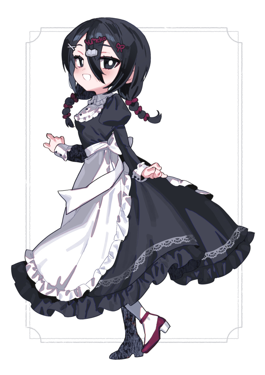 1girl absurdres apron black_eyes black_hair bow buttons character_name collared_dress dress frilled_apron frilled_dress frills from_side full_body hair_between_eyes hair_bow hair_ornament hairclip high_heels highres light_blush long_hair long_sleeves looking_at_viewer low_twintails maid maid_apron multiple_hair_bows nikubou_maranoshin open_mouth original puffy_sleeves solo twintails white_apron white_background