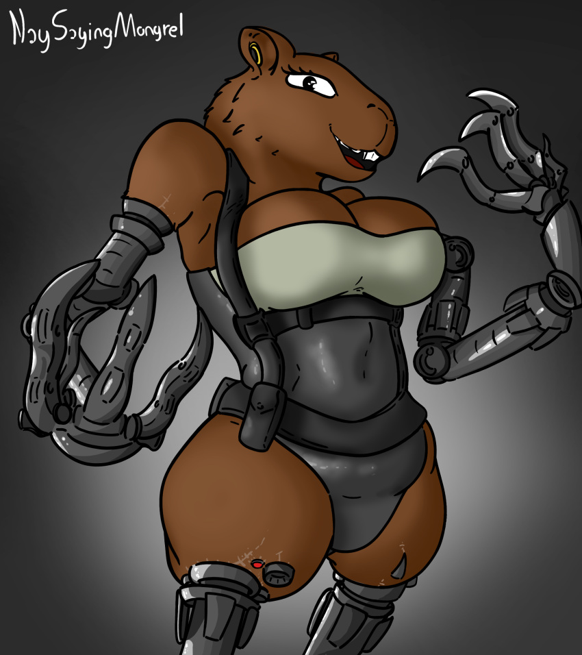 amputee anthro breasts buckteeth capybara caviid claws cleavage clothed clothing cybernetic_limb cybernetics disability female harness hi_res leotard looking_at_viewer machine mammal naysayingmongrel quadruple_amputee rodent scar simple_background slightly_chubby solo teeth