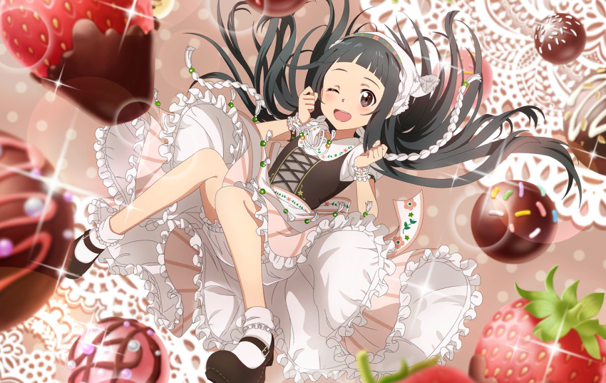 1girl ;d black_eyes black_footwear black_hair blush brown_eyes floating_hair food frilled_skirt frills fruit long_hair looking_at_viewer one_eye_closed open_mouth shorts shorts_under_skirt skirt smile socks solo sparkle strawberry striped striped_skirt sword_art_online vertical-striped_skirt vertical_stripes very_long_hair white_headwear white_shorts white_socks wrist_cuffs yui_(sao)