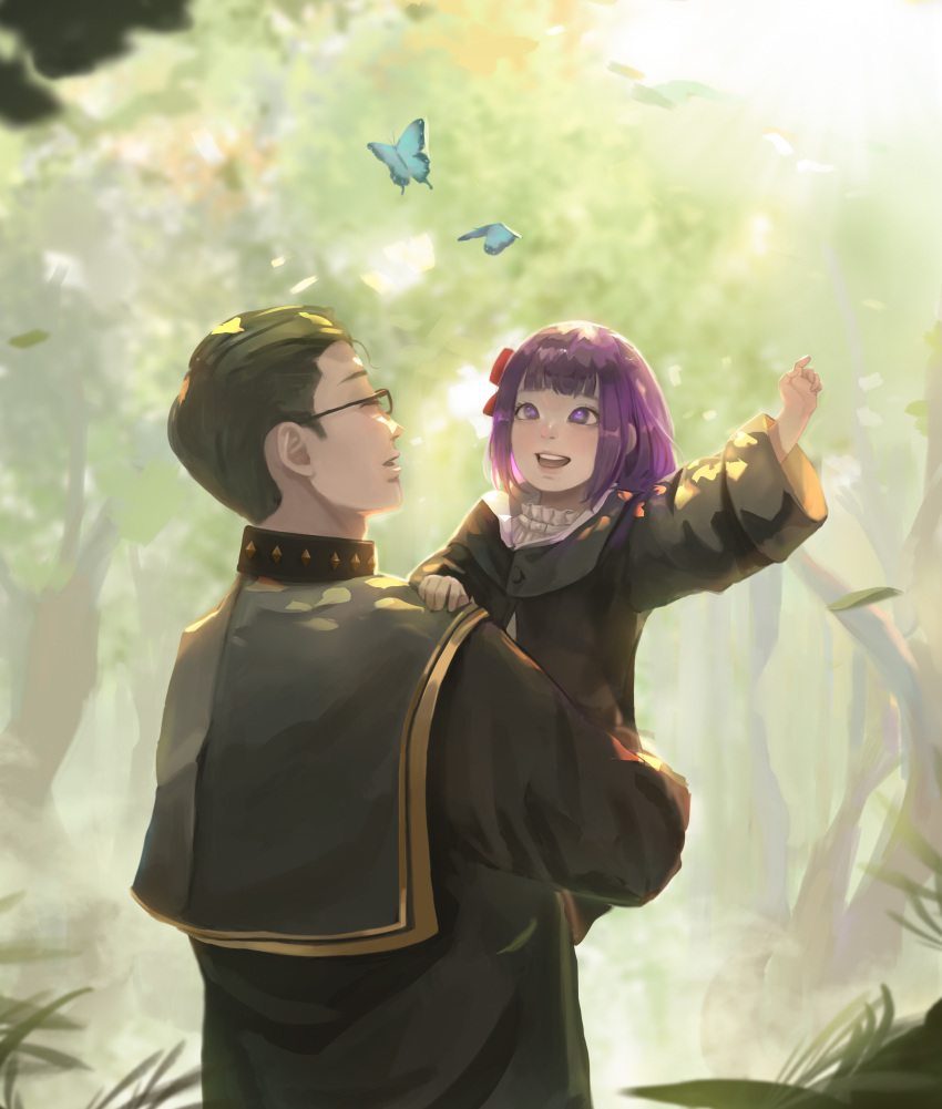1boy 1girl :d absurdres black_robe blue_butterfly bow bug butterfly carrying carrying_person child child_carry chinese_commentary closed_eyes commentary day english_commentary fern_(sousou_no_frieren) green_hair hair_bow hair_slicked_back hand_up heiter highres medium_hair mixed-language_commentary outdoors purple_eyes purple_hair red_bow robe smile sousou_no_frieren tree yido_(yidoarts)
