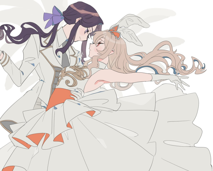 2girls armpits blonde_hair bow brown_hair dancing diadem dress eye_contact formal gloves hair_bow long_hair looking_at_another multiple_girls necktie orange_eyes ponytail purple_eyes rpom_j saijou_claudine shoujo_kageki_revue_starlight simple_background suit tendou_maya white_background yuri