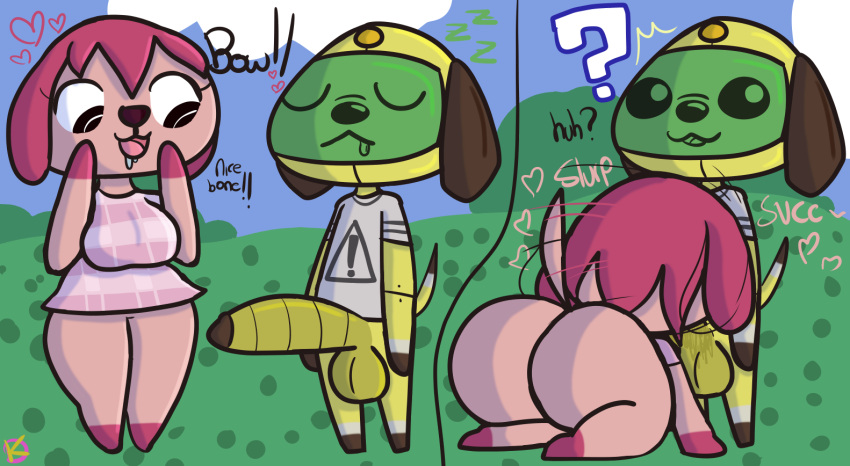 animal_crossing anthro aroused bodily_fluids bottomless bow_(animal_crossing) bubble_butt butt canid canine canis clothed clothing domestic_dog drooling duo female implied_oral klutzatdusk kneeling kneeling_oral_position machine male male/female mammal megumi_(animal_crossing) nintendo oral penis_awe question_mark robot saliva short_stack tail tail_motion tailwag